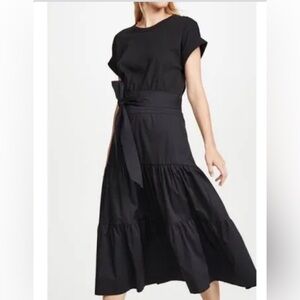 Veronica Beard Black Tiered Midi Dress with Waist Tie